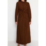 Ersefa Moda Regular Casual Günlük Crinkle Dokuma Gömlek Yaka Uzun Kol Shift Maxi Boy Tesettür Elbise - Kahverengi - 40