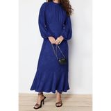 Ersefa Moda Regular Casual Günlük Jakar Dokuma Bisiklet Yaka Uzun Kol A-Line Maxi Boy Tesettür Elbise - Lacivert - 46