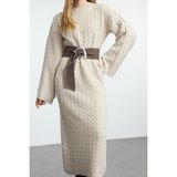Ersefa Moda Stil Oversize Bisiklet Yaka Maxi Boy Tesettür Saç Örgülü Triko Elbise - Bej