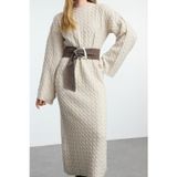 Ersefa Moda Stil Oversize Bisiklet Yaka Maxi Boy Tesettür Saç Örgülü Triko Elbise