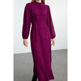 Ersefa Moda Stil Regular Bisiklet Yaka Maxi Boy Tesettür Jakarlı Çiçekli Dokuma Elbise - Koyu Mor - 40