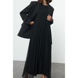 Ersefa Moda Stil Regular Bisiklet Yaka Uzun Tesettür Piliseli Dokuma Içlik Elbise - Siyah - 36
