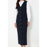 Ersefa Moda Stil Regular V Yaka Maxi Boy Tesettür Dokuma Kumaş Jile Elbise - Lacivert - 34