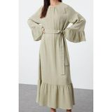 Ersefa Moda Stil Relaxed Bisiklet Yaka Maxi Boy Tesettür Eteği Fırfırlı Müslin Dokuma Elbise - 42 - Mint