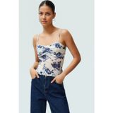 Ersefa Moda V Yaka Örme Slim Baskılı Desen Casual Günlük Crop Askılı Kol Bluz