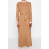 Ersefa Regular Casual Günlük Pike Triko Dik Yaka Uzun Kol Shift Maxi Boy Tesettür Elbise - Camel