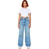 Ersefa Stil Kadın Moda Denim Kot Pantolon Regular Geniş Paça Vintage Yırtık Detaylı Düşük Bel Jeans