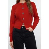 Ersefa Stil Modern Kadın Crop Standart Kol Bisiklet Yaka Özel Iplik Gül Düğme Ceket Görünümlü Triko Hırka - Kırmızı