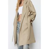 Ersefa Tasarım Düz Astarlı Yaka Midi Oversize Ceket Kadın Oversize Kuşaklı Su Itici Uzun Trençkot - Açık Haki - 42