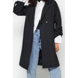 Ersefa Tasarım Düz Astarlı Yaka Midi Oversize Ceket Kadın Oversize Kuşaklı Su Itici Uzun Trençkot - Siyah - 38
