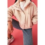 Ersefa Tasarım Düz Astarlı Yaka Standart Oversize Dik Kadın Oversize Fermuarlı Peluş Mont - Taş