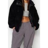 Ersefa Tasarım Düz Astarlı Yaka Standart Oversize Dik Kadın Oversize Peluş Mont - Siyah - XS