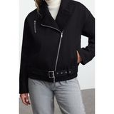 Ersefa Tasarım Düz Astarlı Yaka Standart Oversize Gömlek Kadın Kemerli Gabardin Biker Ince Ceket Mont - Siyah - XS