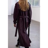 Ersefa Tasarım Düz Astarlı Yaka Uzun Oversize Ceket Kadın Kemerli Oversize Suni Deri Trençkot - Bordo - 36