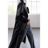 Ersefa Tasarım Düz Astarlı Yaka Uzun Oversize Ceket Kadın Kemerli Oversize Suni Deri Trençkot - Siyah - 38