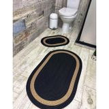 Ersu Home Ahat Design Jüt Hasır 2li Banyo Paspas Takımı-Siyah Ortası Bej