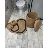 Ersu Home Ahat Design Jüt Hasır 5li Banyo Seti, Çamaşır Sepeti, Paspas Takımı, Oval Sepet-Siyah Çizgili