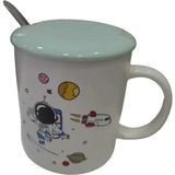 Es Dekor Porselen Kupa Bardak Mug Hediyelik Ürün Beyaz Yeşil Kapaklı Metal Kaşıklı 1 Adet