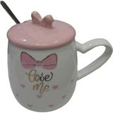 Es Dekor Porselen Kupa Bardak Mug Hediyelik Ürün Metal Kaşıklı Kapaklı Beyaz Pembe 1 Adet
