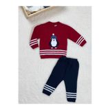 E&S EMİN'S Erkek Bebek Sevimli Penguen Örme Desenli Ponponlu Etek Ucu Kol Ucu Çizgili Triko Alt-Üst Takım