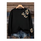 ESADE Kadın Good Vibes Papatya Kol Baskılı Rahat Kalıp Bisiklet Yaka Siyah Sweatshirt