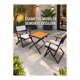 ESAMETAL MOBİLYA 2+1 GRİ UV Minderli Bahçe Mutfak Balkon 3lü Bistro Set Katlanır Masa Sandalye Takımı 60x60 masa