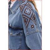 Esb Design Kadın Mavi Cepli Etnik Mevsimlik Düğmeli Uzun Denim Nakışlı Kot Ceket - 00404 Mavi