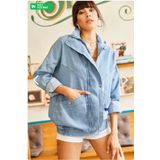 ESB Design Kadın Mavi Cepli Mevsimlik Fermuarlu Çıtçıtlı Uzun Denim Ceket