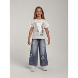 Escabel Kız Çocuk Pamuklu Gümüş Varak Desenli Tasarım T-Shirt - Beyaz - 7 Yaş