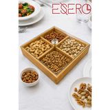 Esero 4 Bölmeli Bambu Sunum Tabağı 23X23 cm | Şeffaf Plastik Kapaklı Kuruyemiş, Kuru Meyve ve Atıştırmalık Sunum Kutusu