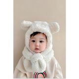 ESES BEBE Avis Beyaz Çocuk Kapüşonlu Peluş Bere Atkı Welsoft Boyunluk Rüzgar Geçirmez Kulaklı Şapka