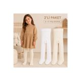 ESES BEBE Unisex Bebek Çocuk Pamuklu Düz Külotlu Çorap 2'li Paket Beyaz – Açık Krem 0-11 Yaş