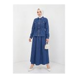 Eseyti Koyu Mavi Denim Tesettür Ceket ve Etek Kombin Takım