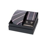 Esgue 8 Cm Hand Made Gri Pembe Çizgili Kravat Mendil & Kol Düğmesi & Kravat Maşası Hediye Seti HSET: