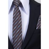 Esgue Hand Made 6 cm Slim Çizgili Desen Kahverengi Mavi Renk Mendilli İnce Kravat
