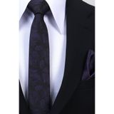 Esgue Hand Made 6 cm Slim Yaprak Desen Siyah Mor Renk Mendilli İnce Kravat