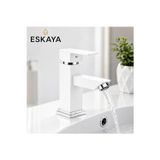 Eshome Beyaz Kare Lavabo Bataryası Kare Tip Gövde Çift Su Girişli Aç Kapa Prinç Gövde Modern Lüx Sabit Lavabo Bataryası