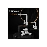 Eshome Beyaz Krom Kare 3'Lü Batarya Seti Mutfak Bataryası - Lavabo Bataryası - Banyo Bataryası