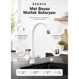 ESHOME Eskara Arıtma, Sıcak, Soğuk Çıkışlı 3 Yollu Beyaz Lüx Arıtmalı Mutfak Eviye Bataryası Musluğu Baston Boru