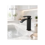 ESHOME Mat Siyah Sabit Lavabo Bataryası – Şelale Akışlı Modern Banyo Musluğu | Tek Kollu Sabit Lavabo Çift Su Girişli