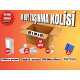 Esila Kağıtçılık 70X40X40 Taşınma Paketi M Boy 15 Adet Koli 1 Adet 5 Metre Patpat (Balonlu Naylon) 30 Adet Tabak/bardak Sarmalık Kâğıt 1 Adet 100 Metre Bant 3 Adet Çöp Poşeti Hediye: 15 Adet Sticker (Etiket)