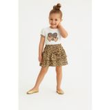 Esila Kids Kız Çocuk Leopar Desenli 2\'li Takım Kalpli Baskılı Balon Kollu Tişört ve Fırfırlı Etek 3-6 Yaş
