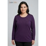 Eşiler Triko Kadın Büyük Beden Papatya Desen Yaka Işlemeli, Taşlı Anne Penye Bluz, Battal Boy - 2XL - Mürdüm