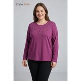 Eşiler Triko Kadın Büyük Beden Papatya Desen Yaka Işlemeli, Taşlı Anne Penye Bluz, Battal Boy - 3XL - Violet