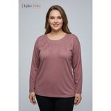 Eşiler Triko Kadın Büyük Beden Papatya Desen Yaka Işlemeli, Taşlı Anne Penye Bluz, Battal Boy - 4XL - Gül Kurusu
