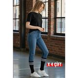 Esinti 4 Çift Erkek Kadın Pamuklu Beyaz Siyah Çizgili Uzun Tenis Çorap Unisex Spor Çorabı - 36 - 42