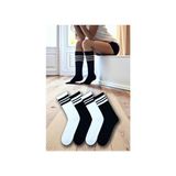 Esinti 4 Çift Erkek Kadın Pamuklu Beyaz Siyah Çizgili Uzun Tenis Çorap Unisex Spor Çorabı - Çok Renkli - 36 - 42