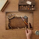 Eski Harita- Pusula- Dünya Haritası Tasarımı 240 Parça Ahşap Puzzle Ahşap Kutuda MP00284