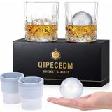 Eski Moda Viski Bardakları, 4'lü Set (2 Kristal Bourbon Bardağı, 2 Yuvarlak Büyük Buz Topu Kalıbı) Hediye Kutusunda - 325 ml Kaya Bardağı, Scotch Kokteyl Rum Votka Likörü Için Barware