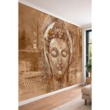 Eskitme Dokulu Kahve Tonları Budha Portresi - Modern Sanat Tekstil Duvar Kağıdı, 200 x 150